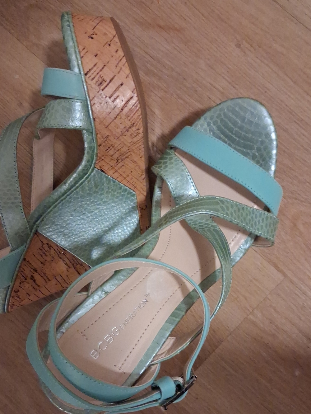 BCBG Mint Green Strappy Wedge Sandals